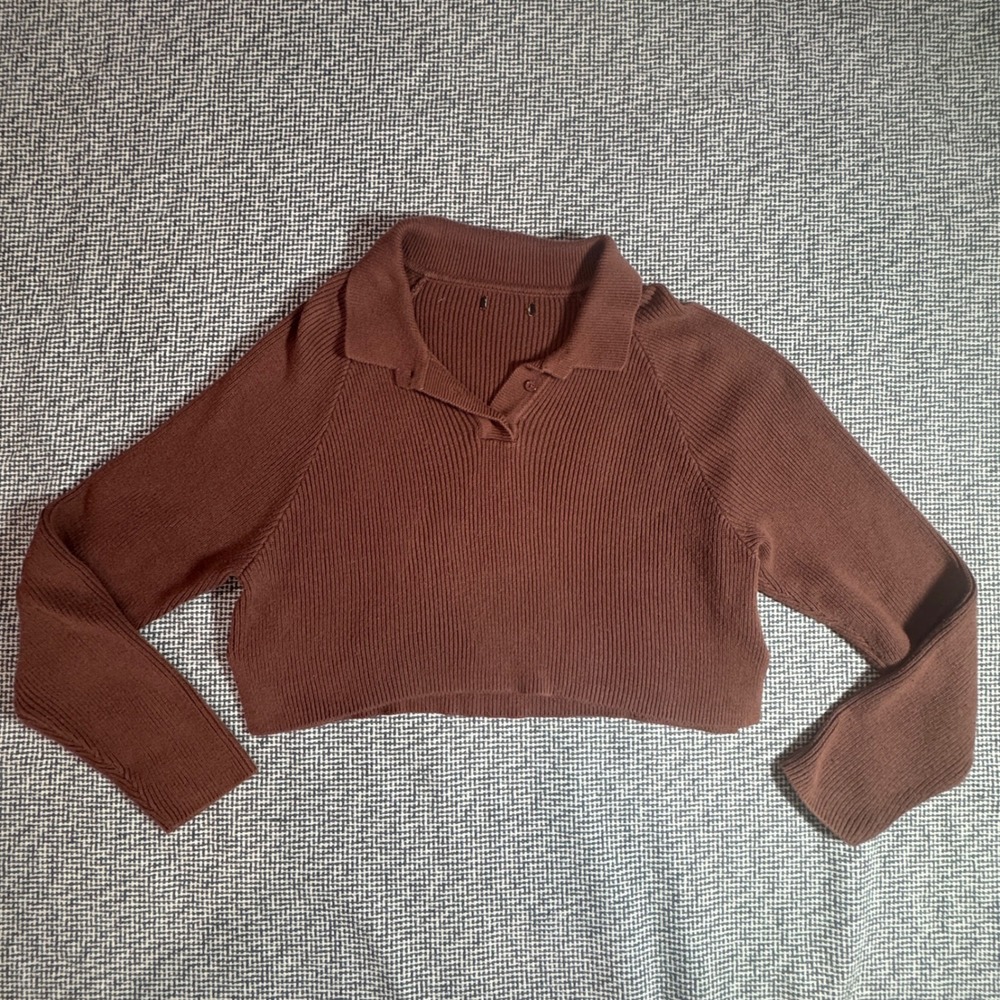 Brown Ribbed Knit Cropped Polo Sweater Long Sleeve 100% Cotton Size S